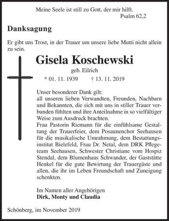 Traueranzeige von Gisela Koschewski (geb. Eilrich)  von Magdeburger Volksstimme
