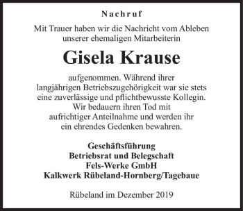 Traueranzeige von Gisela Krause  von Magdeburger Volksstimme