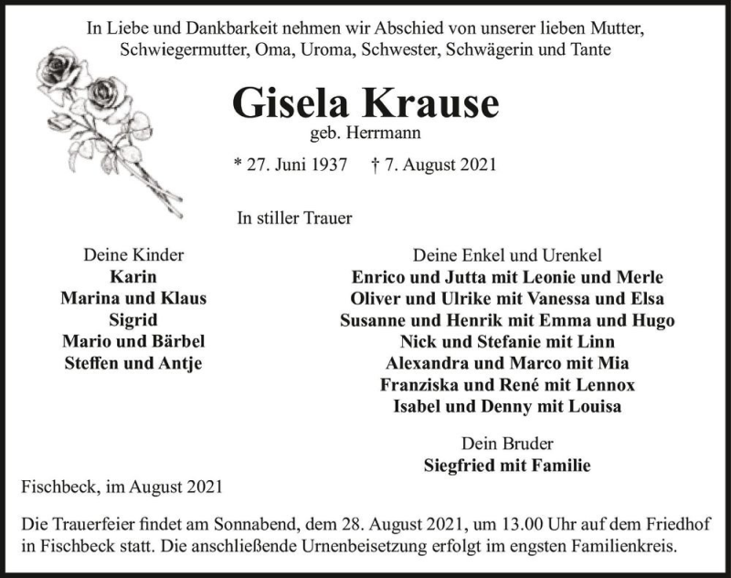  Traueranzeige für Gisela Krause (geb. Herrmann)  vom 21.08.2021 aus Magdeburger Volksstimme