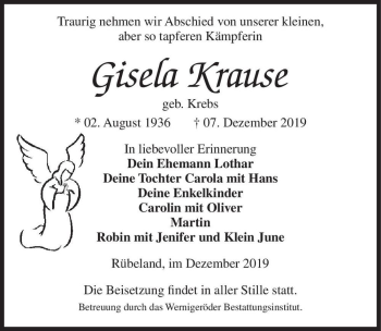 Traueranzeige von Gisela Krause (geb. Krebs)  von Magdeburger Volksstimme