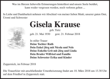 Traueranzeige von Gisela Krause (geb. Tietz)  von Magdeburger Volksstimme