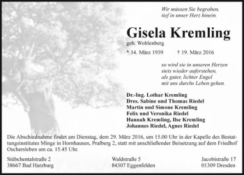 Traueranzeige von Gisela Kremling (geb. Wohlenberg)  von Magdeburger Volksstimme