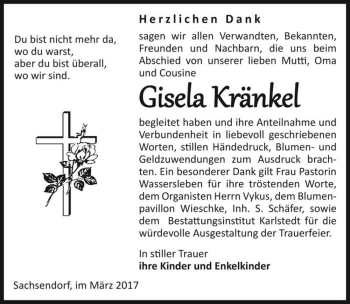 Traueranzeige von Gisela Kränkel  von Magdeburger Volksstimme