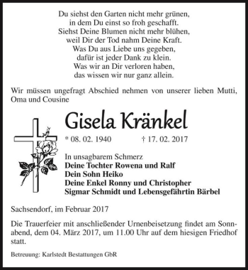 Traueranzeige von Gisela Kränkel  von Magdeburger Volksstimme