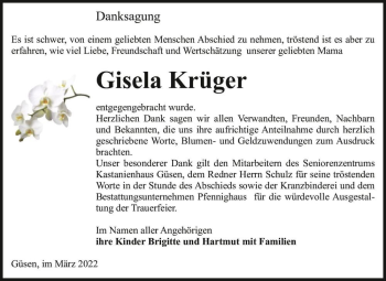 Traueranzeige von Gisela Krüger  von Magdeburger Volksstimme