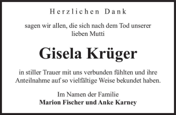Traueranzeige von Gisela Krüger  von Magdeburger Volksstimme