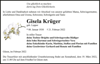 Traueranzeige von Gisela Krüger (geb. Lepper)  von Magdeburger Volksstimme