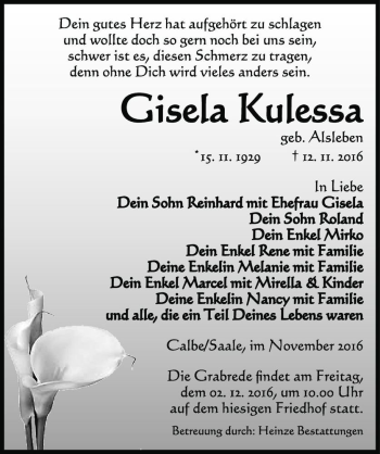 Traueranzeige von Gisela Kulessa (geb. Alsleben)  von Magdeburger Volksstimme
