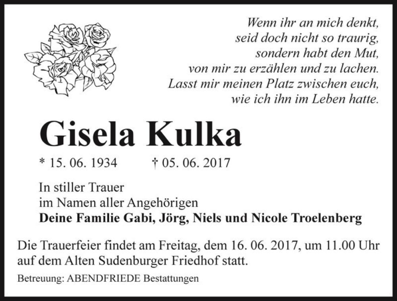  Traueranzeige für Gisela Kulka  vom 10.06.2017 aus Magdeburger Volksstimme