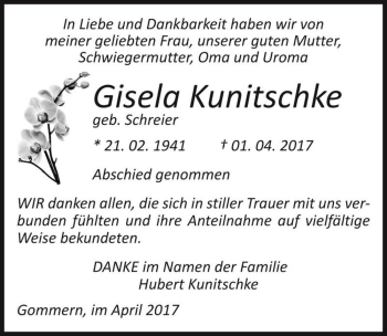 Traueranzeige von Gisela Kunitschke (geb. Schreier)  von Magdeburger Volksstimme