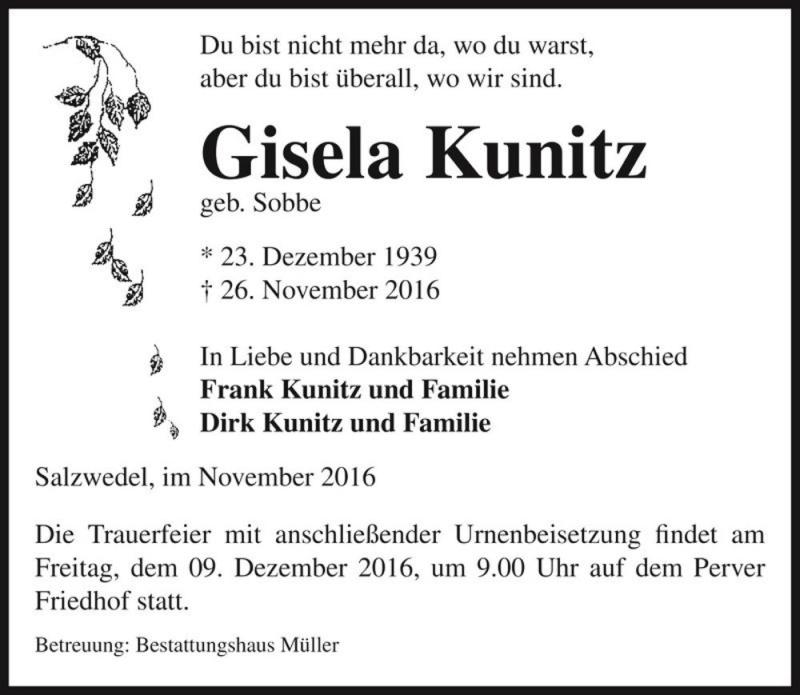  Traueranzeige für Gisela Kunitz (geb. Sobbe)  vom 29.11.2016 aus Magdeburger Volksstimme