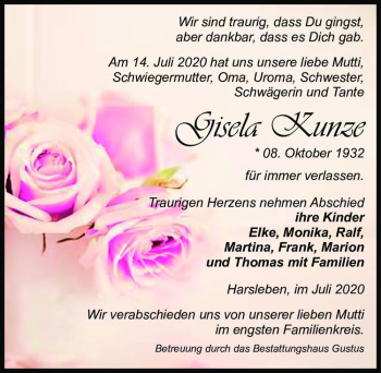 Traueranzeige von Gisela Kunze  von Magdeburger Volksstimme
