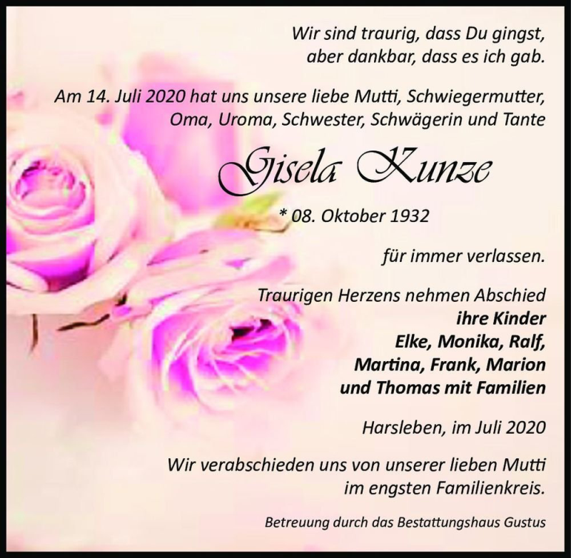  Traueranzeige für Gisela Kunze  vom 18.07.2020 aus Magdeburger Volksstimme