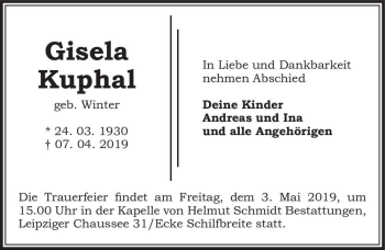 Traueranzeige von Gisela Kuphal (geb. Winter)  von Magdeburger Volksstimme