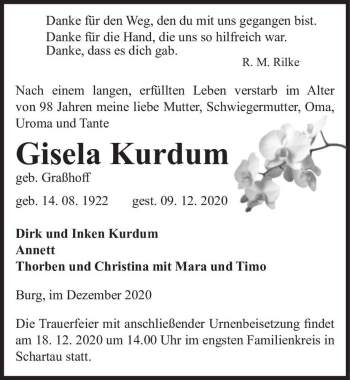 Traueranzeige von Gisela Kurdum (geb. Graßhoff)  von Magdeburger Volksstimme