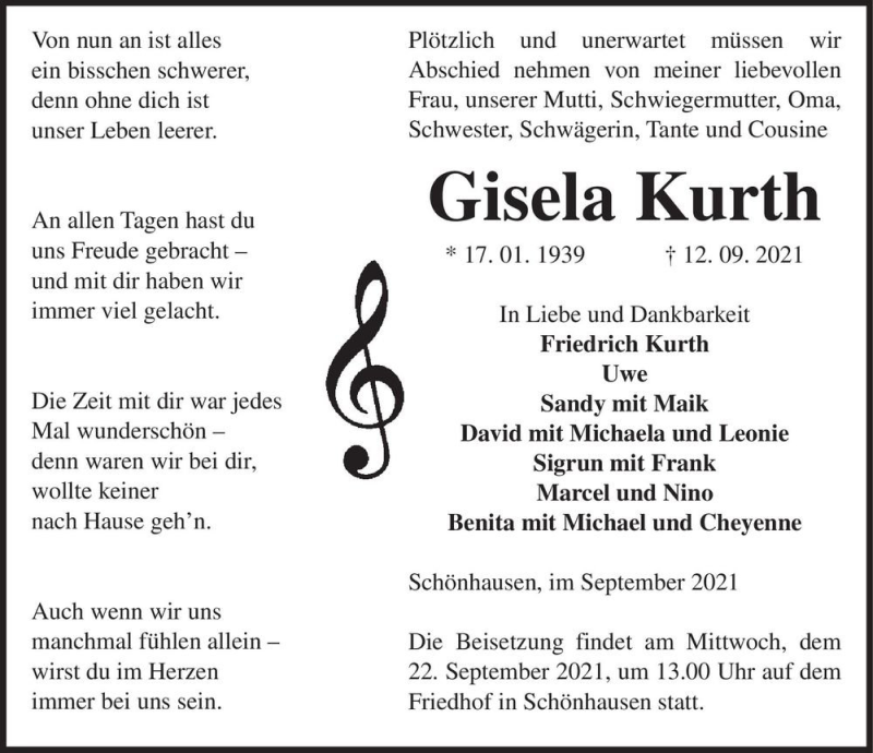  Traueranzeige für Gisela Kurth  vom 17.09.2021 aus Magdeburger Volksstimme