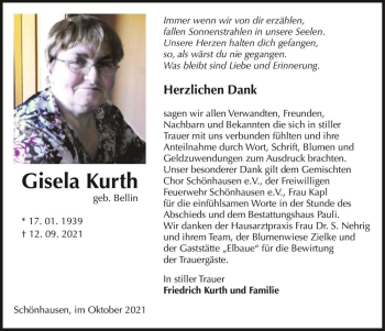 Traueranzeige von Gisela Kurth (geb. Bellin)  von Magdeburger Volksstimme