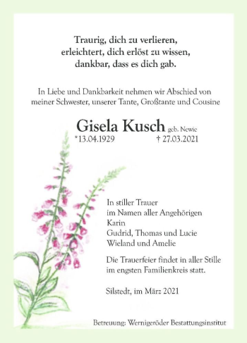 Traueranzeige von Gisela Kusch (geb. Newie)  von Magdeburger Volksstimme