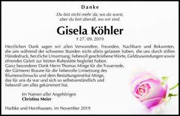 Traueranzeige von Gisela Köhler  von Magdeburger Volksstimme