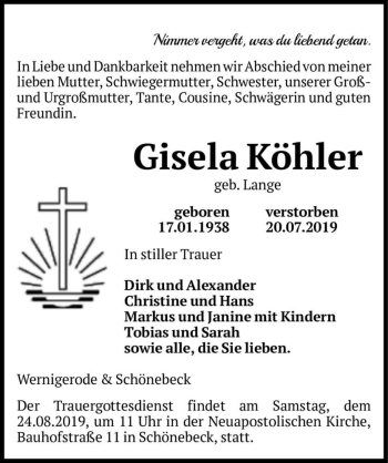 Traueranzeige von Gisela Köhler (geb. Lange)  von Magdeburger Volksstimme