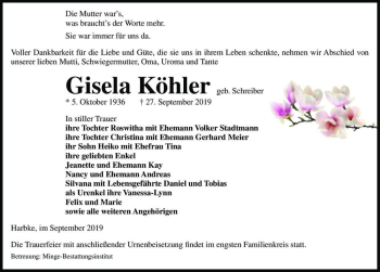 Traueranzeige von Gisela Köhler (geb. Schreiber)  von Magdeburger Volksstimme