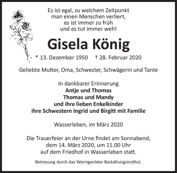 Traueranzeige von Gisela König  von Magdeburger Volksstimme