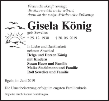 Traueranzeige von Gisela König (geb. Sewelies)  von Magdeburger Volksstimme