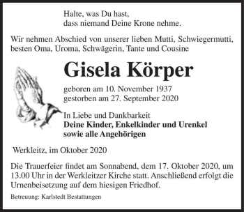 Traueranzeige von Gisela Körper  von Magdeburger Volksstimme