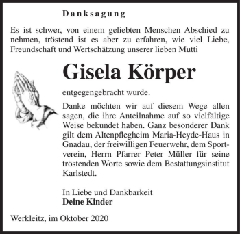 Traueranzeige von Gisela Körper  von Magdeburger Volksstimme