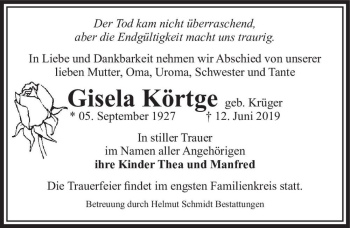 Traueranzeige von Gisela Körtge (geb. Krüger)  von Magdeburger Volksstimme