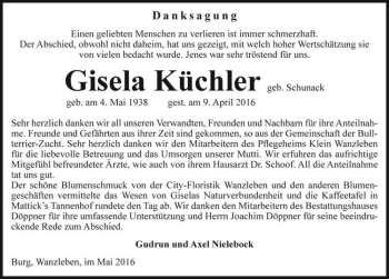 Traueranzeige von Gisela Küchler (geb. Schunack)  von Magdeburger Volksstimme