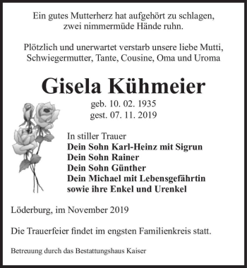 Traueranzeige von Gisela Kühmeier  von Magdeburger Volksstimme