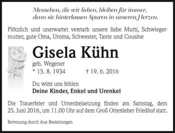 Traueranzeige von Gisela Kühn (geb. Wegener)  von Magdeburger Volksstimme