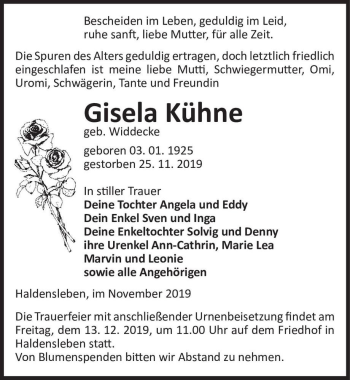 Traueranzeige von Gisela Kühne (geb. Widdecke)  von Magdeburger Volksstimme