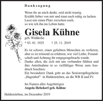 Traueranzeige von Gisela Kühne (geb. Widdecke)  von Magdeburger Volksstimme