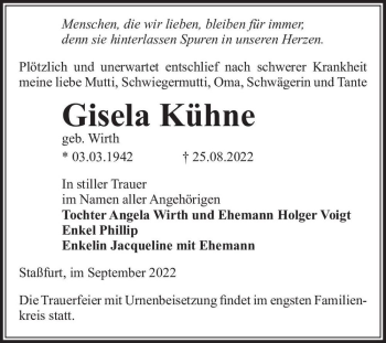 Traueranzeige von Gisela Kühne (geb. Wirth)  von Magdeburger Volksstimme