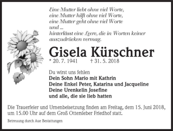 Traueranzeige von Gisela Kürschner  von Magdeburger Volksstimme