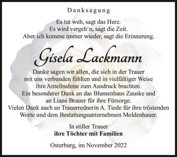 Traueranzeige von Gisela Lackmann  von Magdeburger Volksstimme
