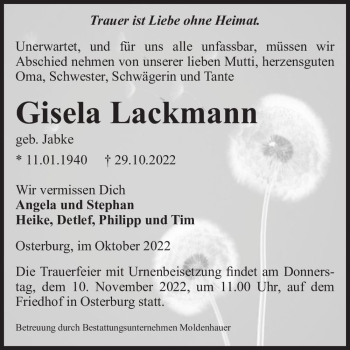 Traueranzeige von Gisela Lackmann (geb. Jabke)  von Magdeburger Volksstimme