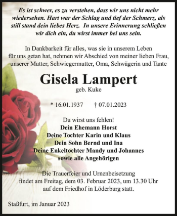 Traueranzeige von Gisela Lampert (geb. Kuke)  von Magdeburger Volksstimme