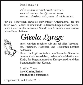 Traueranzeige von Gisela Lange  von Magdeburger Volksstimme