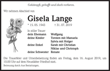 Traueranzeige von Gisela Lange  von Magdeburger Volksstimme