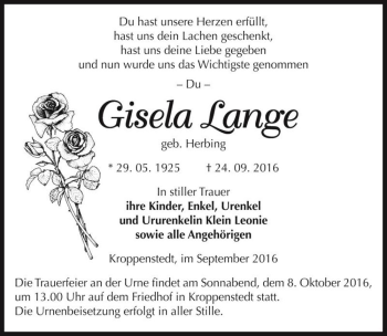 Traueranzeige von Gisela Lange (geb. Herbing)  von Magdeburger Volksstimme