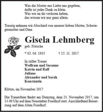 Traueranzeige von Gisela Lehmberg (geb. Fritsche)  von Magdeburger Volksstimme