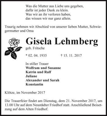 Traueranzeige von Gisela Lehmberg (geb. Fritsche)  von Magdeburger Volksstimme