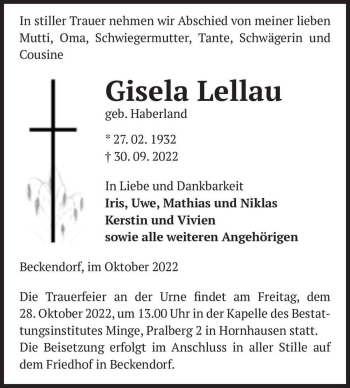 Traueranzeige von Gisela Lellau (geb. Haberland)  von Magdeburger Volksstimme