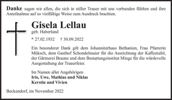 Traueranzeige von Gisela Lellau (geb. Haberland)  von Magdeburger Volksstimme