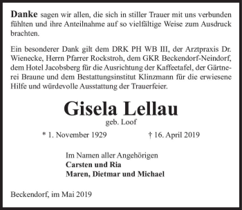Traueranzeige von Gisela Lellau (geb. Loof)  von Magdeburger Volksstimme