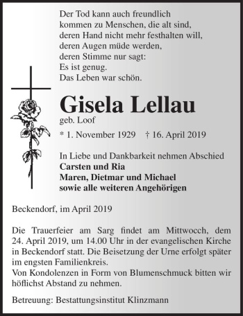 Traueranzeige von Gisela Lellau (geb. Loof)  von Magdeburger Volksstimme