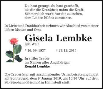 Traueranzeige von Gisela Lembke (geb. Weiß)  von Magdeburger Volksstimme